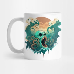 sea ​​kraken skull covering itself between waves, colorfull Mug